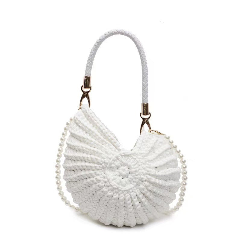 Knitted Seashell Tote Bag with Pearl Strap