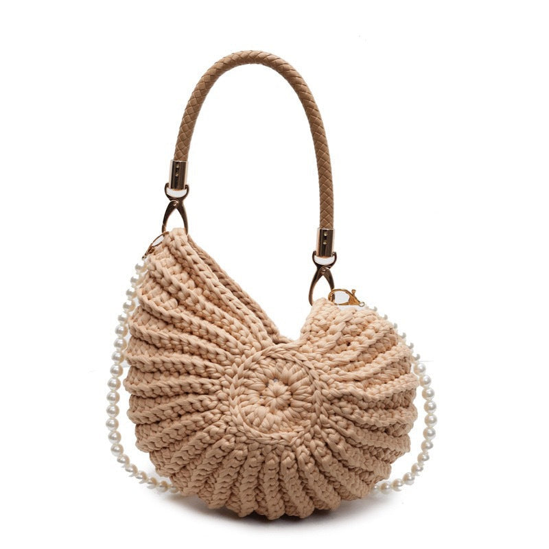 Knitted Seashell Tote Bag with Pearl Strap