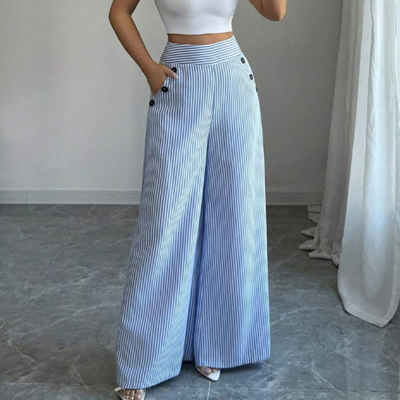 Damen Leinenhose mit Blau-Weiß-Streifen 👖 Hohe Taille & Lockerer Gerader Schnitt