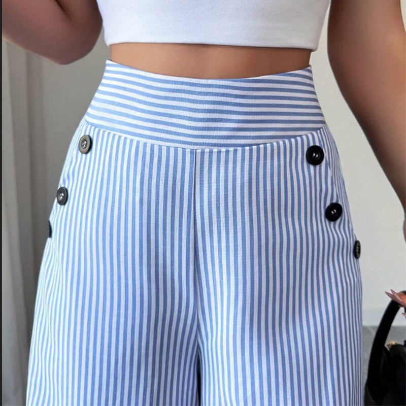 Damen Leinenhose mit Blau-Weiß-Streifen 👖 Hohe Taille & Lockerer Gerader Schnitt