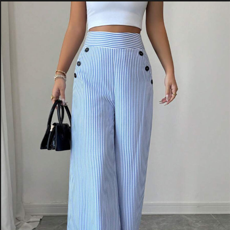 Damen Leinenhose mit Blau-Weiß-Streifen 👖 Hohe Taille & Lockerer Gerader Schnitt