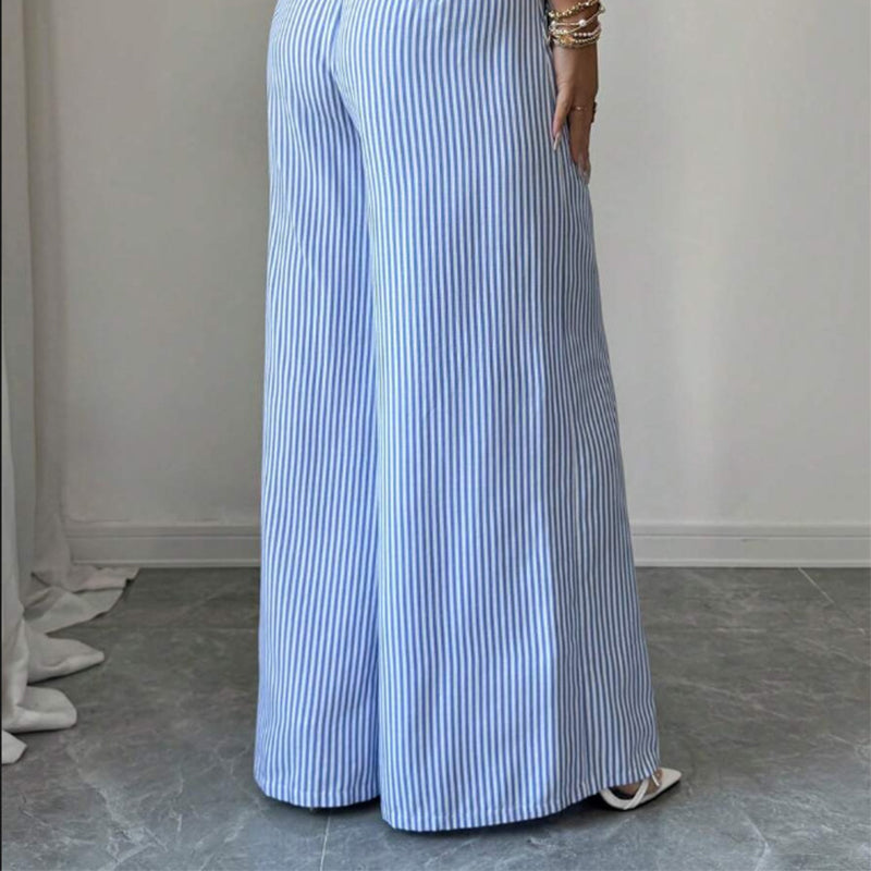 Damen Leinenhose mit Blau-Weiß-Streifen 👖 Hohe Taille & Lockerer Gerader Schnitt