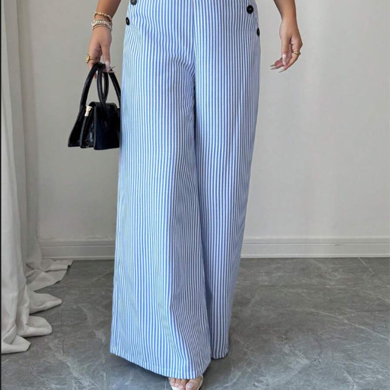 Damen Leinenhose mit Blau-Weiß-Streifen 👖 Hohe Taille & Lockerer Gerader Schnitt