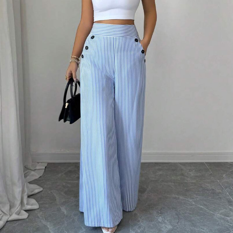 Damen Leinenhose mit Blau-Weiß-Streifen 👖 Hohe Taille & Lockerer Gerader Schnitt