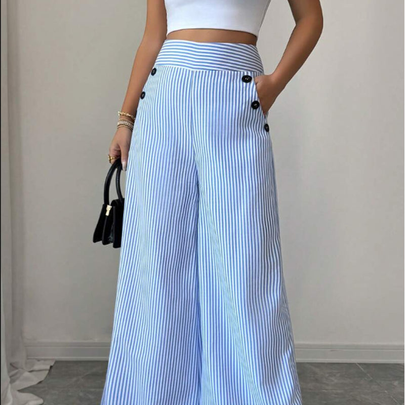Damen Leinenhose mit Blau-Weiß-Streifen 👖 Hohe Taille & Lockerer Gerader Schnitt