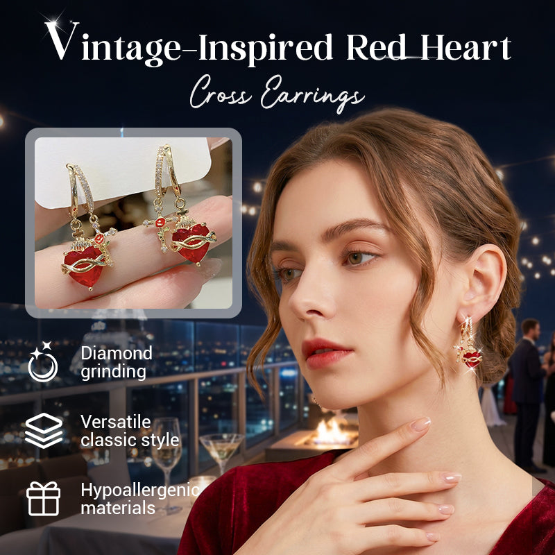 ⏰ 30 % RABATT – Nur für kurze Zeit ✨ Rote Herz & Kreuz Ohrringe – Vintageinspiriert, Zart, Symbolisch ✝️