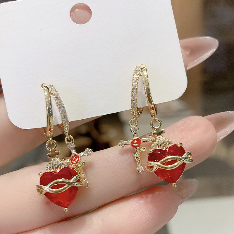 ⏰ 30 % RABATT – Nur für kurze Zeit ✨ Rote Herz & Kreuz Ohrringe – Vintageinspiriert, Zart, Symbolisch ✝️