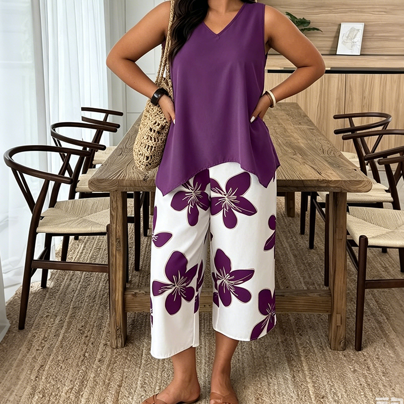🌸 NUR FÜR KURZE ZEIT: 50 % RABATT! ✨ Set aus asymmetrischem Damenoberteil und Caprihose mit Blumenmuster – vielseitig, farbenfroh, bequem 🌺