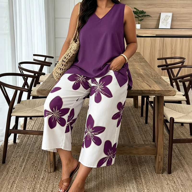 🌸 NUR FÜR KURZE ZEIT: 50 % RABATT! ✨ Set aus asymmetrischem Damenoberteil und Caprihose mit Blumenmuster – vielseitig, farbenfroh, bequem 🌺