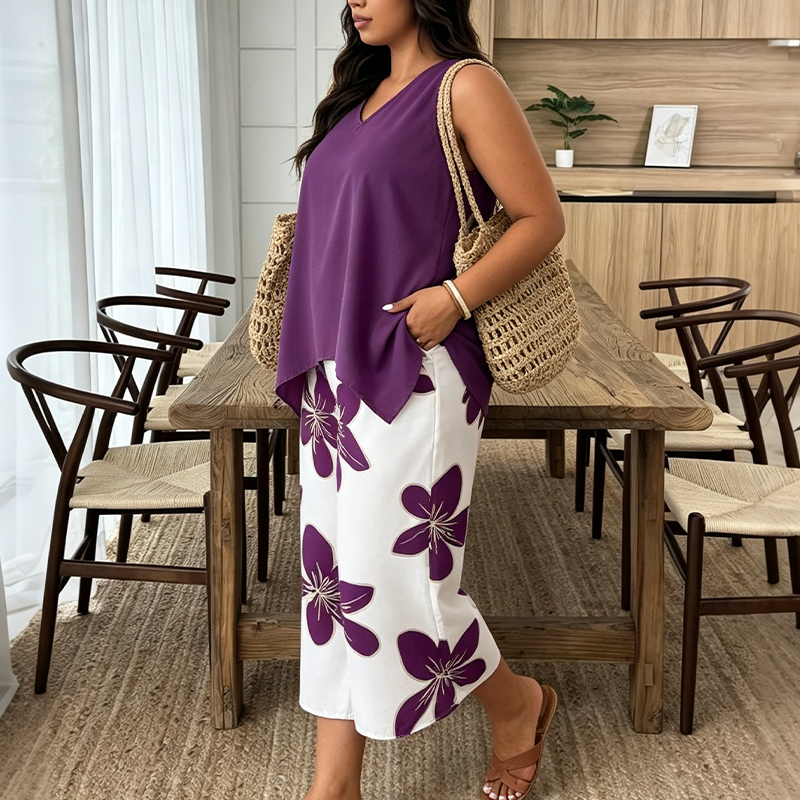 🌸 NUR FÜR KURZE ZEIT: 50 % RABATT! ✨ Set aus asymmetrischem Damenoberteil und Caprihose mit Blumenmuster – vielseitig, farbenfroh, bequem 🌺