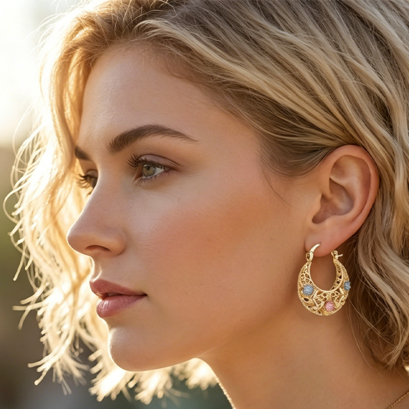 ⏰ 30 % RABATT – Nur für kurze Zeit ✨Vergoldete Halbmond-Creolen mit Blumenemaille 🌙✨ Elegante Handarbeit mit femininem Design