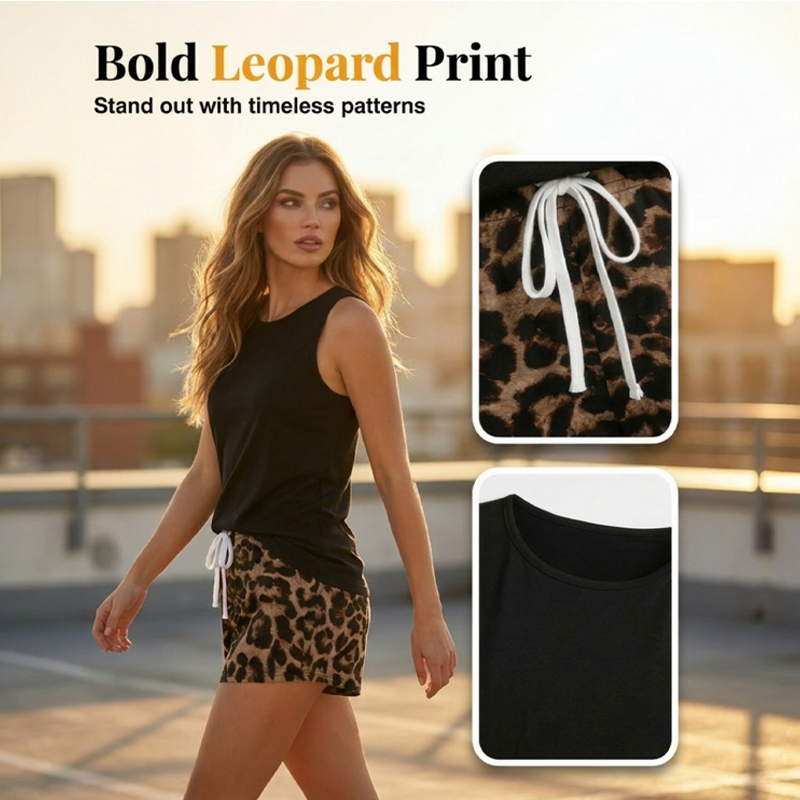 ⏰ 50 % RABATT – Nur für kurze Zeit ✨Damen-Tanktop & Leoparden-Shorts-Set – Lässig, auffällig, stylisch 🐆