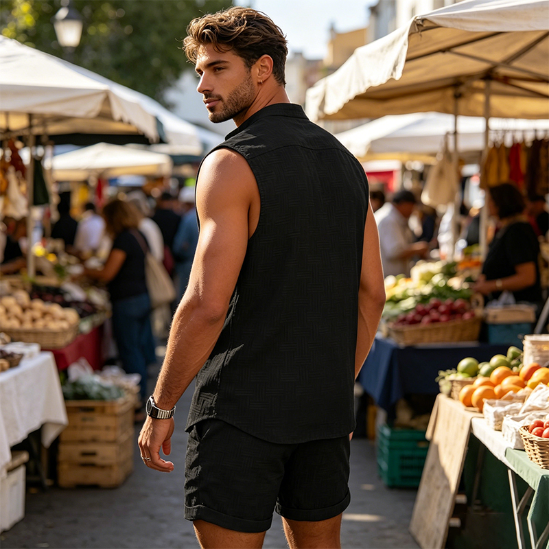 ⏰ 50 % RABATT – Nur für kurze Zeit ✨Sommer Herren Set – Ärmelloses Hemd mit Knopfleiste & Shorts 👕 Atmungsaktiv & Bequem