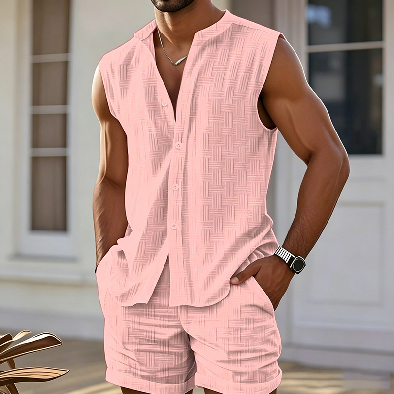 ⏰ 50 % RABATT – Nur für kurze Zeit ✨Sommer Herren Set – Ärmelloses Hemd mit Knopfleiste & Shorts 👕 Atmungsaktiv & Bequem