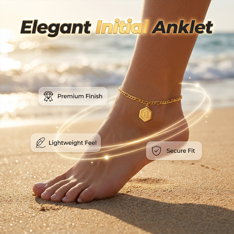 ⏰ 30 % RABATT – Nur für kurze Zeit ✨ Damen Fußkette mit Initiale 💛 Goldfarbene Figaro-Kette im Minimalistischen Stil