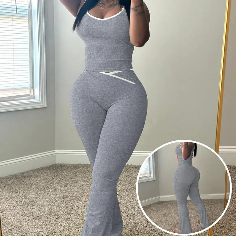 ⏰ 50 % RABATT – Nur für kurze Zeit ✨Damen Zweiteiler mit Cross-Waist Detail ✨ Tanktop & Schlaghose im Trendlook