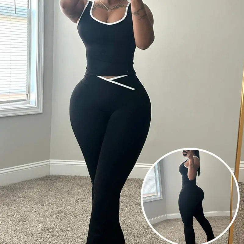 ⏰ 50 % RABATT – Nur für kurze Zeit ✨Damen Zweiteiler mit Cross-Waist Detail ✨ Tanktop & Schlaghose im Trendlook