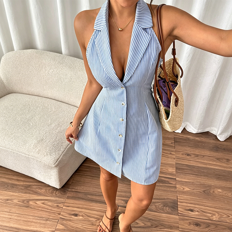 📢📢50% OFF !! ⏰Gestreiftes Damen Sommerkleid 🌞 Neckholder Design & Leichter Tragekomfort