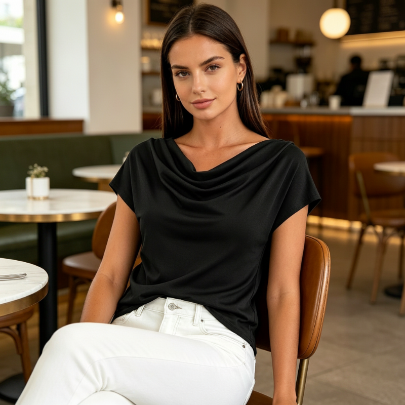 ⏰ 50 % RABATT – Nur für kurze Zeit ✨Damen Top mit Wasserfall-Ausschnitt ✨ Femininer Look & Elegante Cap-Ärmel