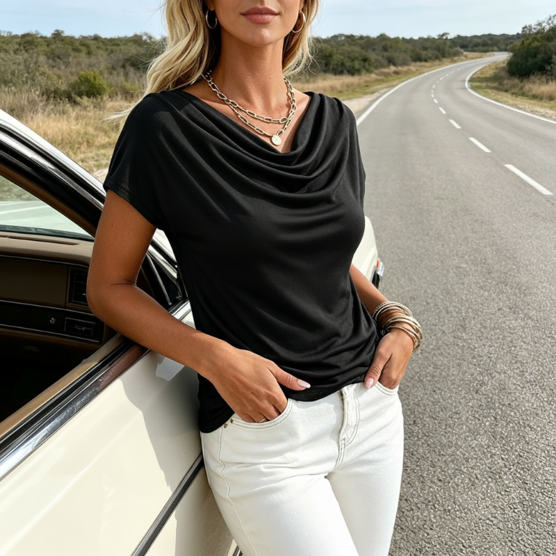 ⏰ 50 % RABATT – Nur für kurze Zeit ✨Damen Top mit Wasserfall-Ausschnitt ✨ Femininer Look & Elegante Cap-Ärmel