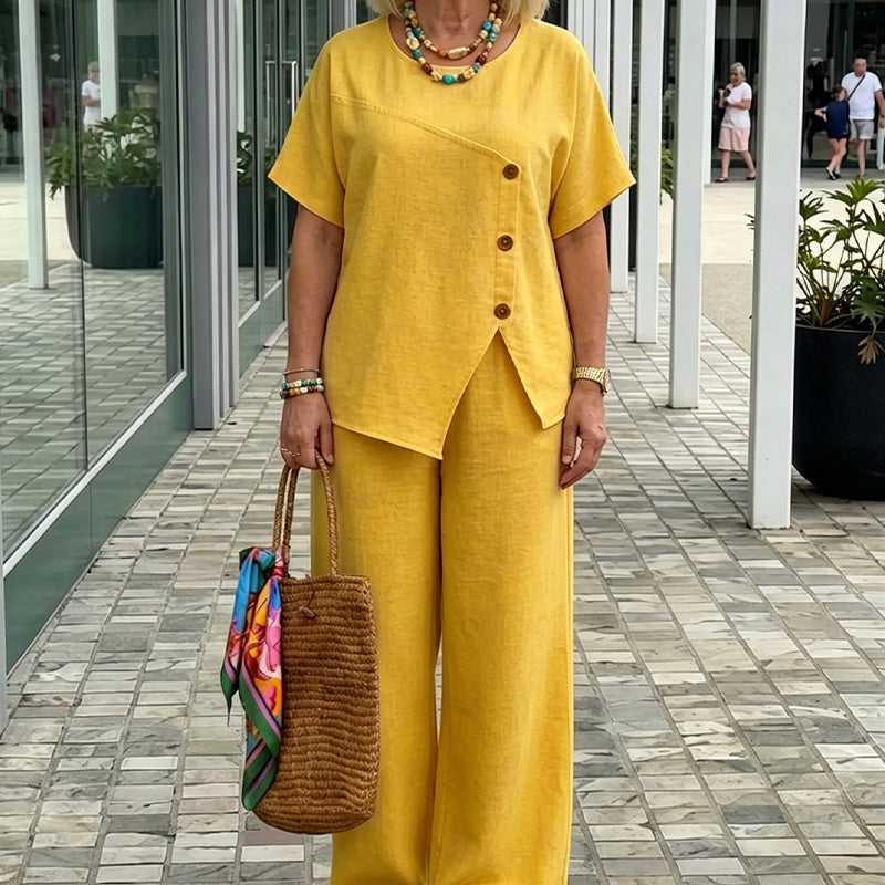 ☀️ Luftiges Leinen-Outfit für Damen – mit Knopfakzenten, elastischer Bund, perfekt für heiße Tage & Reisen