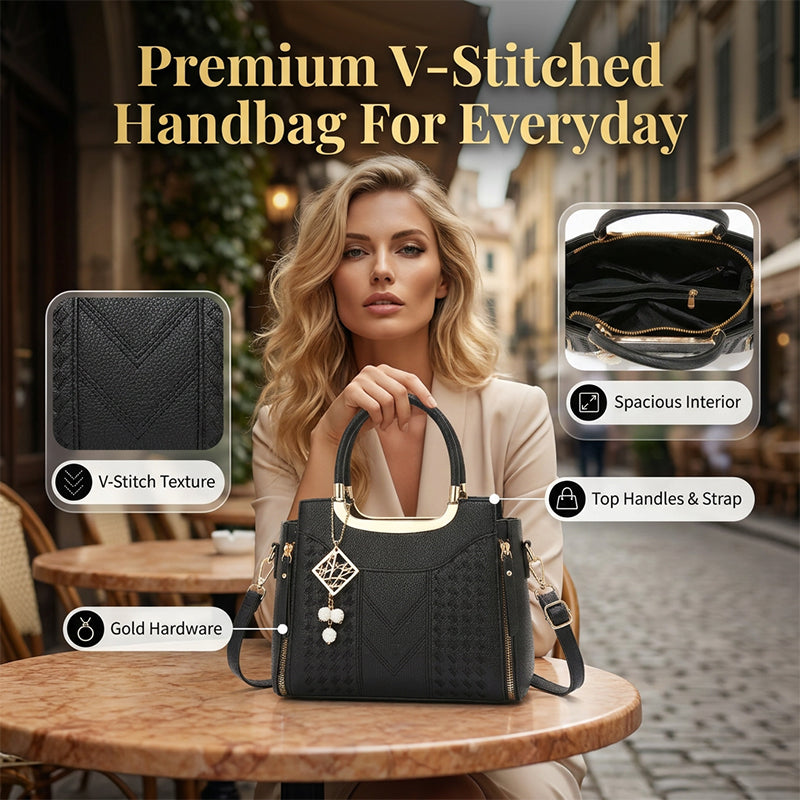 👜 NUR FÜR KURZE ZEIT: 50 % RABATT! ✨ Damen-Handtasche mit V-Naht – goldene Beschläge, mehrere Fächer, Tragegriff 🌸