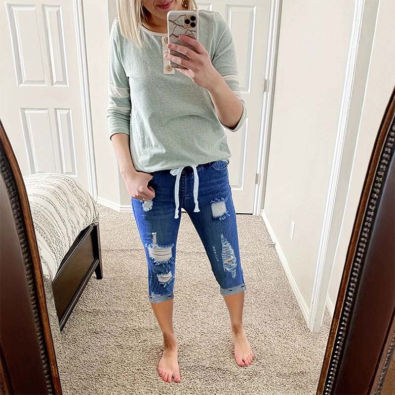 ⏰ 50 % RABATT – Nur für kurze Zeit ✨👖 Damen Denim-Caprihose mit Kordelzug ✨ Bequem, Lässig & Perfekt für den Sommer