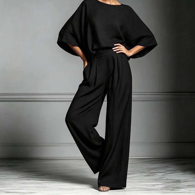 👕 BEFRISTETES ANGEBOT – 50% RABATT! ✨ Zweiteiliges Set – Oberteil mit Fledermausärmeln, Hose mit weitem Bein, lockere Passform 🌿