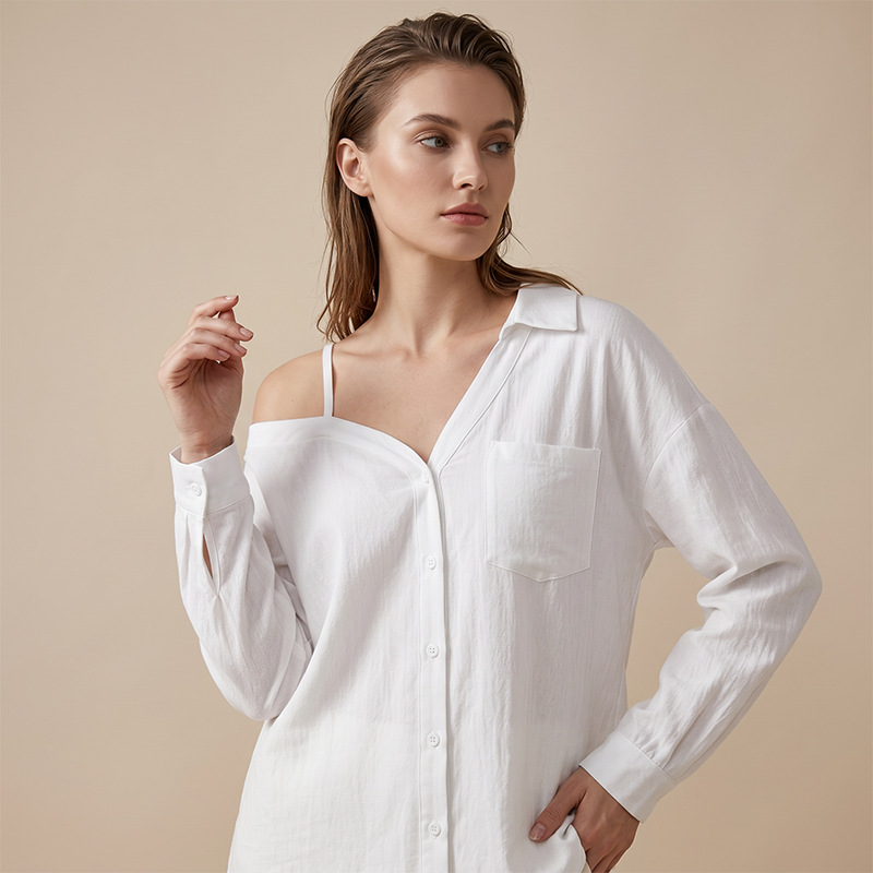 👔 Nur für kurze Zeit 50 % Rabatt! ✨ Schulterfreies Damenhemd mit Knopfleiste – asymmetrisch, Crinkle-Stoff, lange Ärmel 🍁