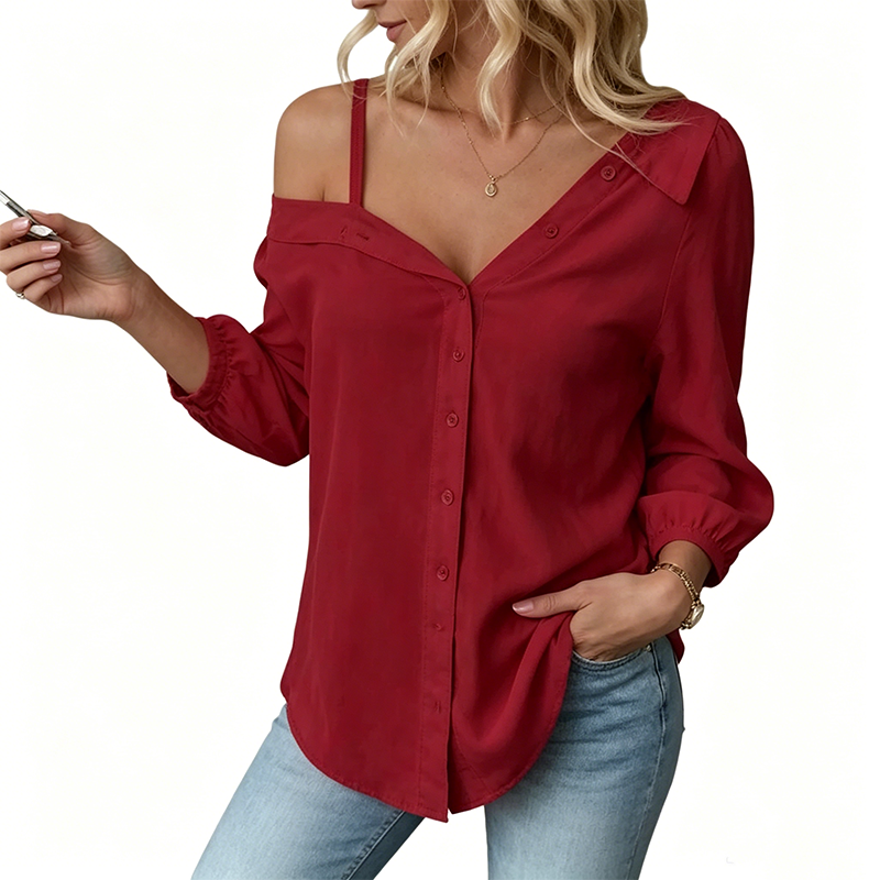 👔 Nur für kurze Zeit 50 % Rabatt! ✨ Schulterfreies Damenhemd mit Knopfleiste – asymmetrisch, Crinkle-Stoff, lange Ärmel 🍁