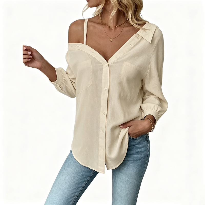 👔 Nur für kurze Zeit 50 % Rabatt! ✨ Schulterfreies Damenhemd mit Knopfleiste – asymmetrisch, Crinkle-Stoff, lange Ärmel 🍁