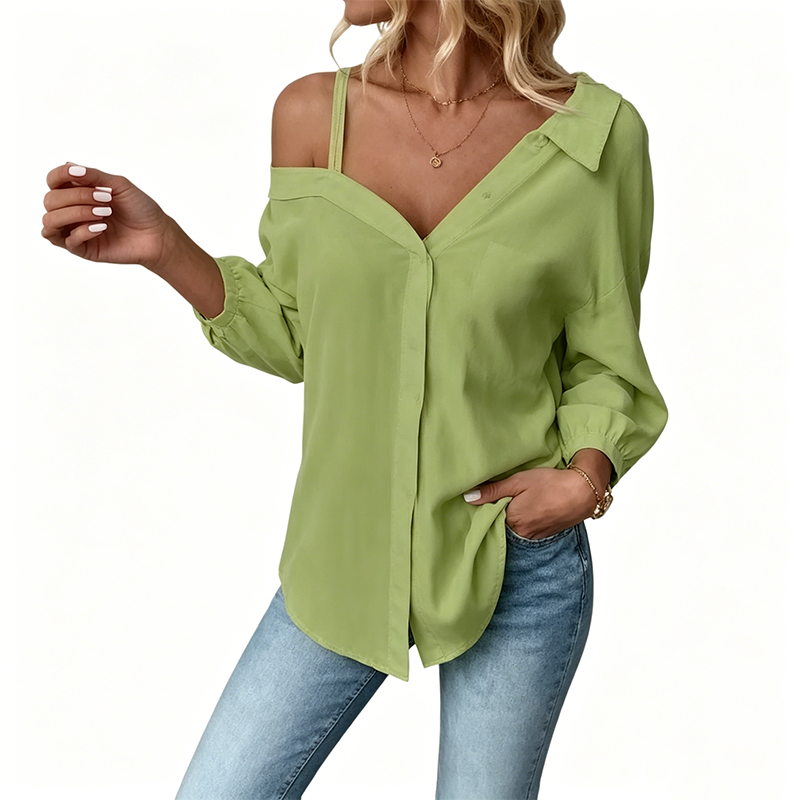 👔 Nur für kurze Zeit 50 % Rabatt! ✨ Schulterfreies Damenhemd mit Knopfleiste – asymmetrisch, Crinkle-Stoff, lange Ärmel 🍁