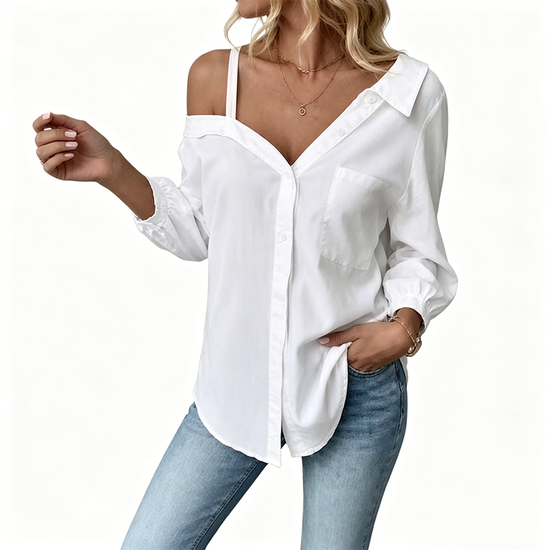 👔 Nur für kurze Zeit 50 % Rabatt! ✨ Schulterfreies Damenhemd mit Knopfleiste – asymmetrisch, Crinkle-Stoff, lange Ärmel 🍁