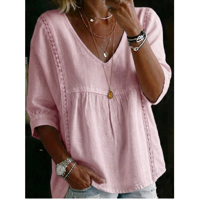 👚 NUR FÜR KURZE ZEIT: 50 % RABATT! ✨ Damen-Top mit V-Ausschnitt und Spitzenbesatz – im Boho-Stil, Empire-Taille, 3/4-Ärmel 🌼