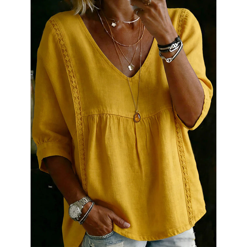 👚 NUR FÜR KURZE ZEIT: 50 % RABATT! ✨ Damen-Top mit V-Ausschnitt und Spitzenbesatz – im Boho-Stil, Empire-Taille, 3/4-Ärmel 🌼