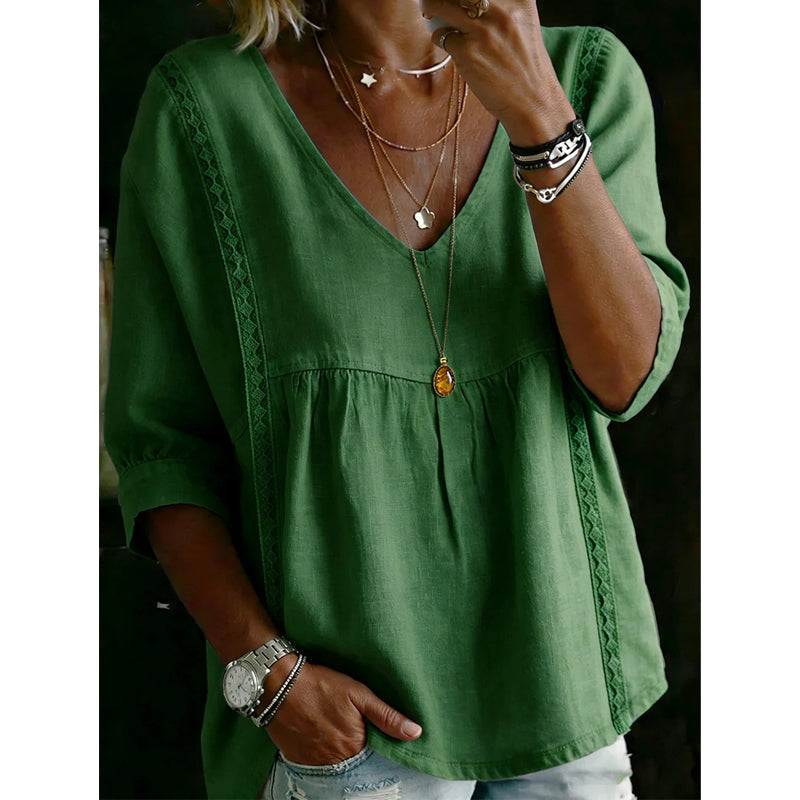 👚 NUR FÜR KURZE ZEIT: 50 % RABATT! ✨ Damen-Top mit V-Ausschnitt und Spitzenbesatz – im Boho-Stil, Empire-Taille, 3/4-Ärmel 🌼
