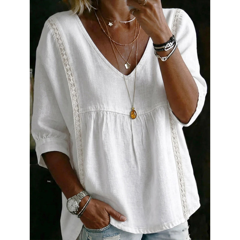 👚 NUR FÜR KURZE ZEIT: 50 % RABATT! ✨ Damen-Top mit V-Ausschnitt und Spitzenbesatz – im Boho-Stil, Empire-Taille, 3/4-Ärmel 🌼