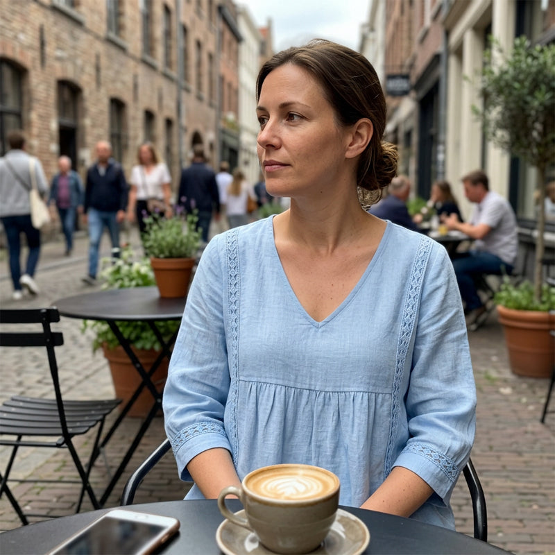 👚 NUR FÜR KURZE ZEIT: 50 % RABATT! ✨ Damen-Top mit V-Ausschnitt und Spitzenbesatz – im Boho-Stil, Empire-Taille, 3/4-Ärmel 🌼