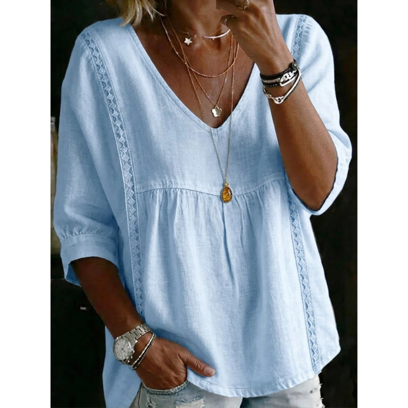 👚 NUR FÜR KURZE ZEIT: 50 % RABATT! ✨ Damen-Top mit V-Ausschnitt und Spitzenbesatz – im Boho-Stil, Empire-Taille, 3/4-Ärmel 🌼