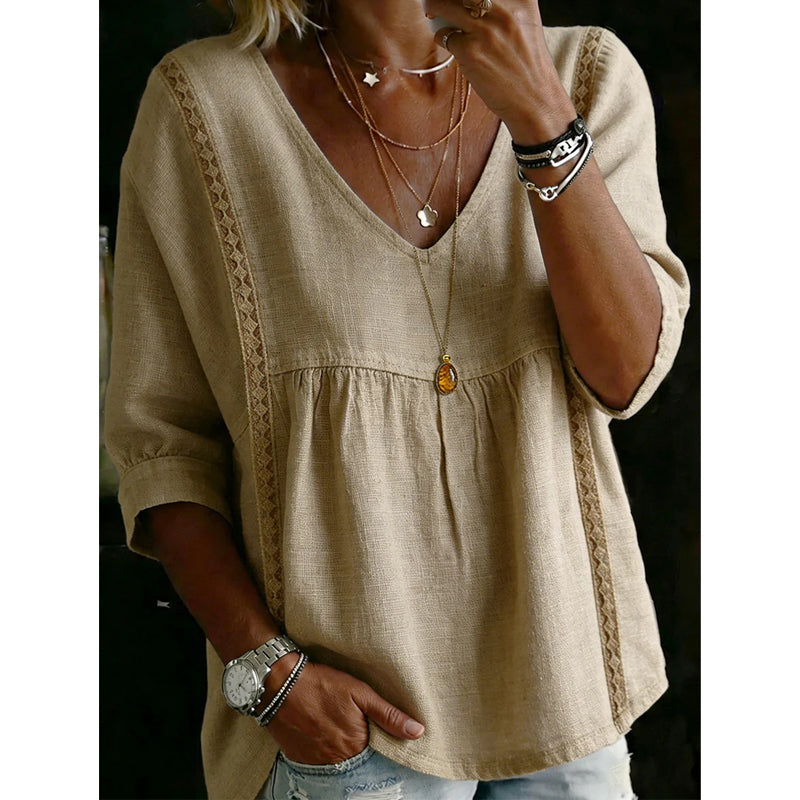 👚 NUR FÜR KURZE ZEIT: 50 % RABATT! ✨ Damen-Top mit V-Ausschnitt und Spitzenbesatz – im Boho-Stil, Empire-Taille, 3/4-Ärmel 🌼
