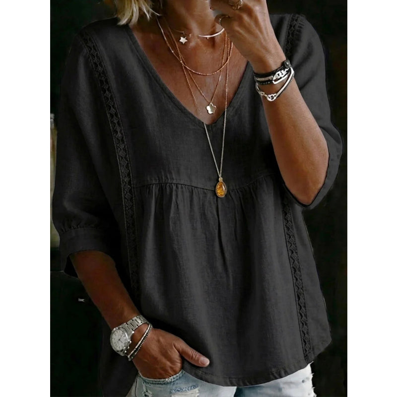 👚 NUR FÜR KURZE ZEIT: 50 % RABATT! ✨ Damen-Top mit V-Ausschnitt und Spitzenbesatz – im Boho-Stil, Empire-Taille, 3/4-Ärmel 🌼