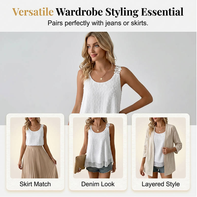 ⏰ 50 % RABATT – Nur für kurze Zeit ✨ Elegantes Tanktop mit Spitzen-Trägern und Punktmuster