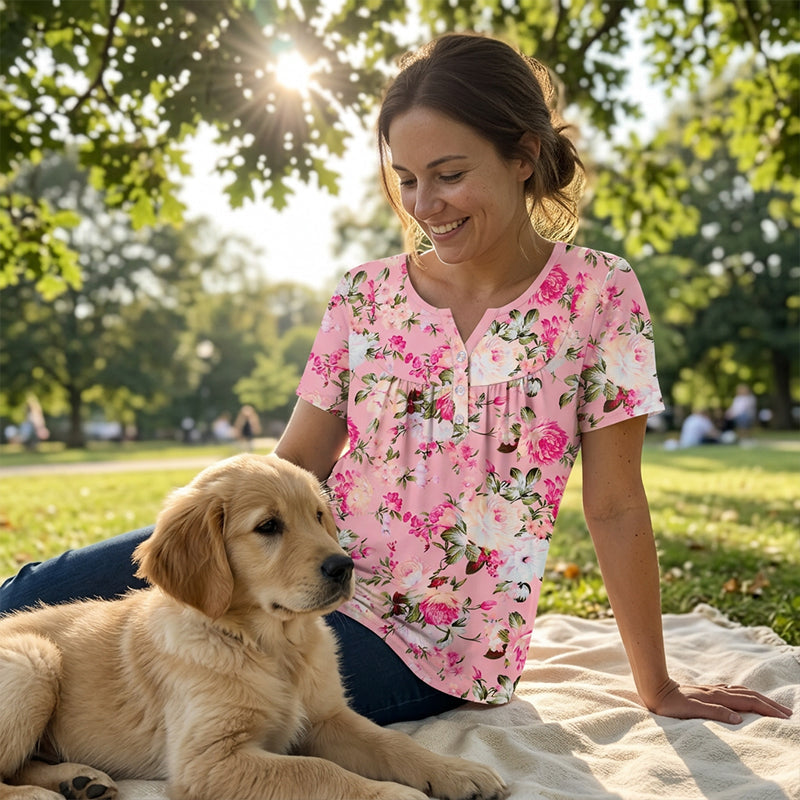 🌸 Leicht fließendes Damen-Shirt mit Blumendruck & Knopfleiste – luftig, vielseitig, für Alltag & Freizeit 👚