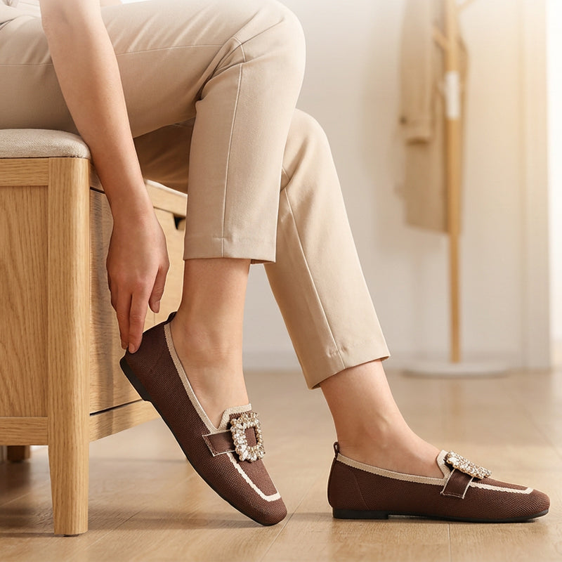 👡 Flache Freizeitschuhe – gestricktes Obermaterial, quadratische Zehenpartie, mit dezenten Kristall-Details & atmungsaktiv ✨