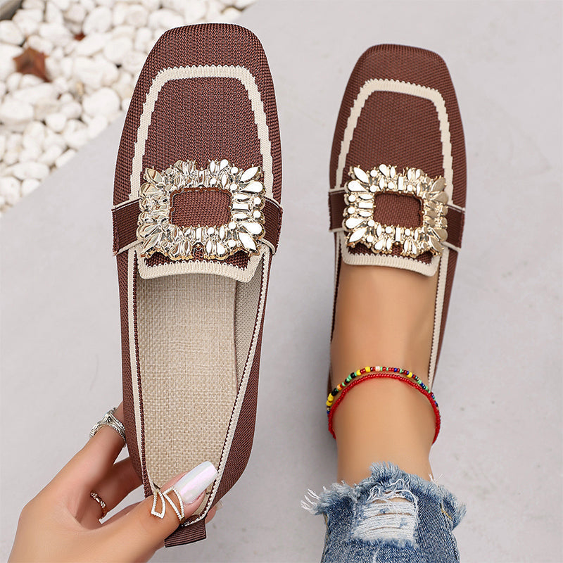 👡 Flache Freizeitschuhe – gestricktes Obermaterial, quadratische Zehenpartie, mit dezenten Kristall-Details & atmungsaktiv ✨