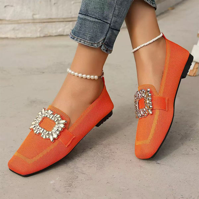 👡 Flache Freizeitschuhe – gestricktes Obermaterial, quadratische Zehenpartie, mit dezenten Kristall-Details & atmungsaktiv ✨