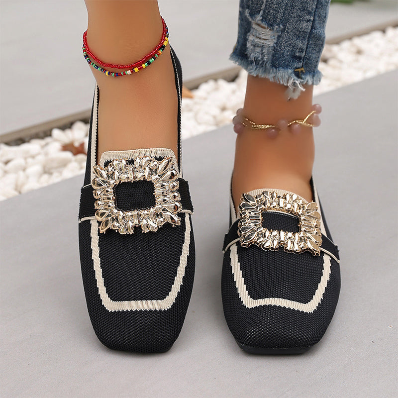 👡 Flache Freizeitschuhe – gestricktes Obermaterial, quadratische Zehenpartie, mit dezenten Kristall-Details & atmungsaktiv ✨
