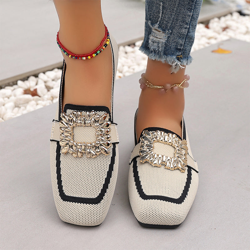 👡 Flache Freizeitschuhe – gestricktes Obermaterial, quadratische Zehenpartie, mit dezenten Kristall-Details & atmungsaktiv ✨