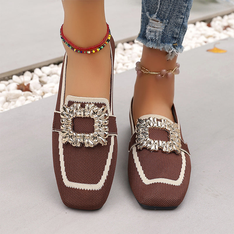 👡 Flache Freizeitschuhe – gestricktes Obermaterial, quadratische Zehenpartie, mit dezenten Kristall-Details & atmungsaktiv ✨