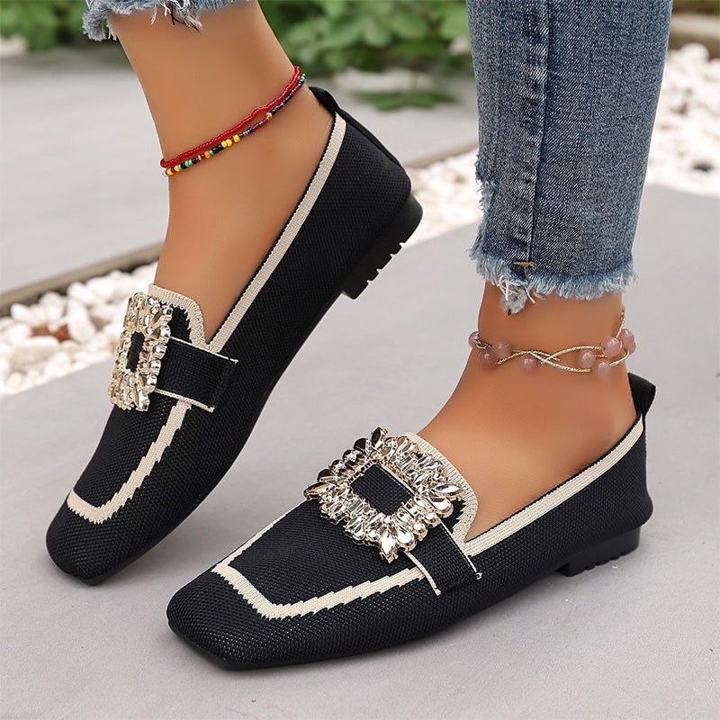 👡 Flache Freizeitschuhe – gestricktes Obermaterial, quadratische Zehenpartie, mit dezenten Kristall-Details & atmungsaktiv ✨